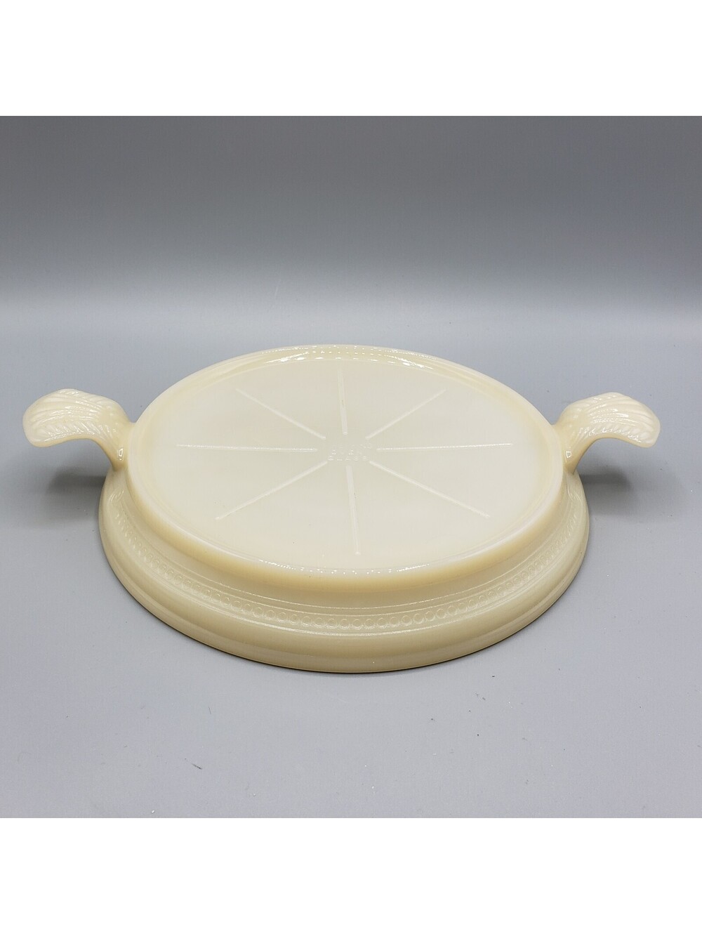 Vintage Fire King Custard Glass Trivet Hot Casserole Stand Ivory Handles 1950's